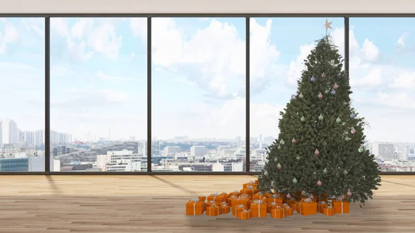 Moderno Luminoso Interni Appartamento Soggiorno Con Albero Natale Rendering Illustrazione — Foto Stock