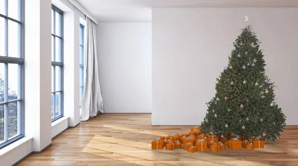 Moderna Ljusa Interiörer Lägenhet Vardagsrum Med Christmas Tree Rendering Illustration — Stockfoto