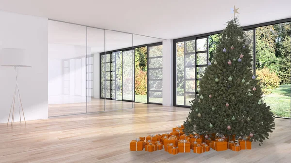 Moderno Luminoso Interni Appartamento Soggiorno Con Albero Natale Rendering Illustrazione — Foto Stock