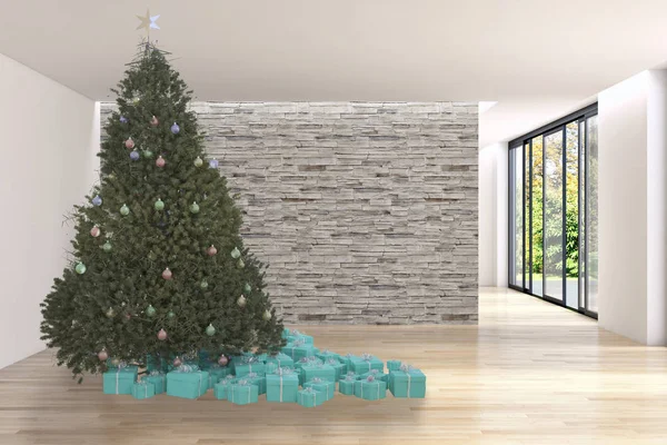 Moderno Interior Luminoso Apartamento Sala Estar Con Árbol Navidad Representación — Foto de Stock