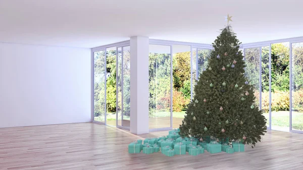 Moderno Luminoso Interni Appartamento Soggiorno Con Albero Natale Rendering Illustrazione — Foto Stock