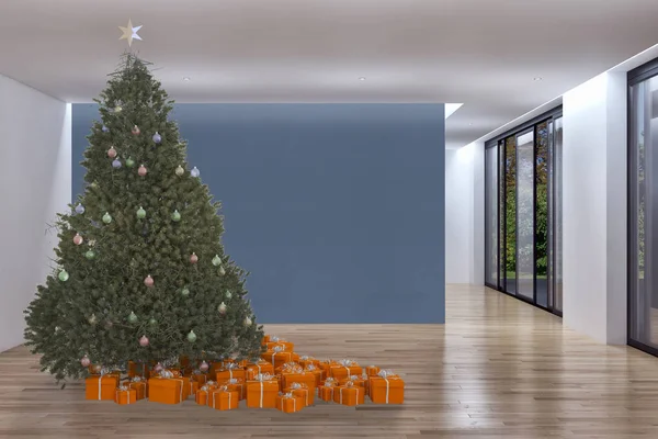 Modernos Interiores Luminosos Apartamento Sala Estar Com Árvore Natal Ilustração — Fotografia de Stock