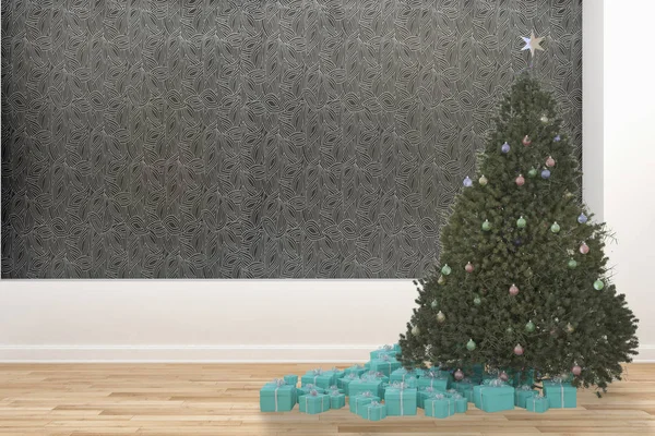 Moderna Ljusa Interiörer Lägenhet Vardagsrum Med Christmas Tree Rendering Illustration — Stockfoto