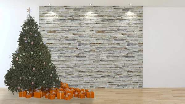 Moderna Ljusa Interiörer Lägenhet Vardagsrum Med Christmas Tree Rendering Illustration — Stockfoto