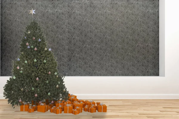 Moderna Ljusa Interiörer Lägenhet Vardagsrum Med Christmas Tree Rendering Illustration — Stockfoto