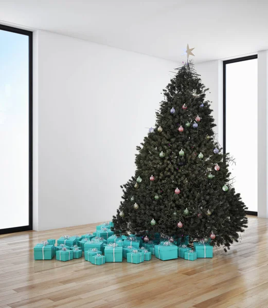 Nowoczesne Wnętrza Jasny Apartament Pokój Dzienny Christmas Tree Renderowania Ilustracja — Zdjęcie stockowe