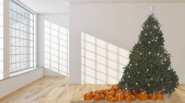 Modern parlak iç daire salon ile Noel ağacı 3d render illüstrasyon bilgisayar görüntü oluşturulan