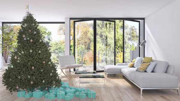 Moderno Interior Luminoso Apartamento Sala Estar Con Árbol Navidad Representación — Foto de Stock