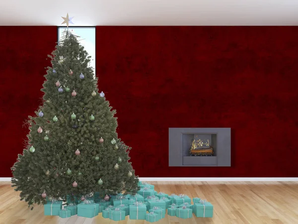 Nowoczesne Wnętrza Jasny Apartament Pokój Dzienny Christmas Tree Renderowania Ilustracja — Zdjęcie stockowe