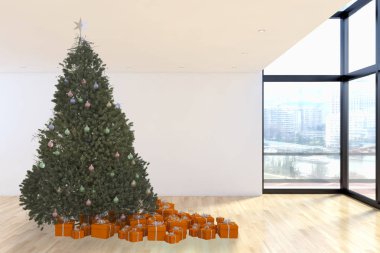 Modern parlak iç daire salon ile Noel ağacı 3d render illüstrasyon bilgisayar görüntü oluşturulan