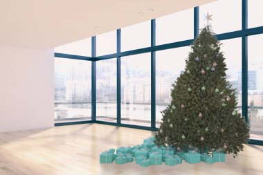 Modern parlak iç daire salon ile Noel ağacı 3d render illüstrasyon bilgisayar görüntü oluşturulan