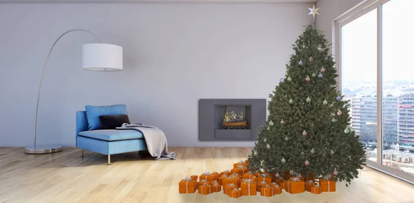 现代明亮的室内公寓起居室与圣诞树3D 渲染插图计算机生成图像 — 图库照片