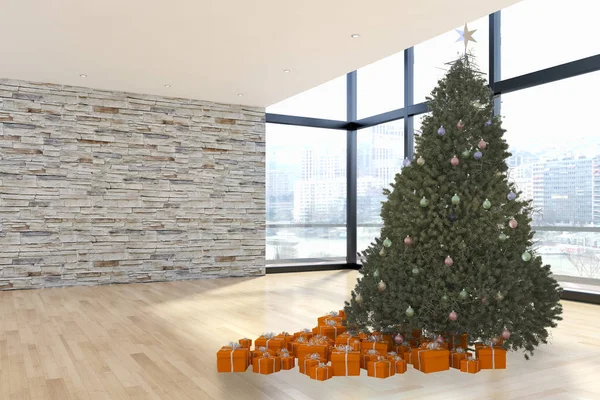 Moderno Interiores Luminosos Apartamento Sala Estar Com Árvore Natal Renderização — Fotografia de Stock