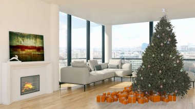 Modern parlak iç daire salon ile Noel ağacı 3d render illüstrasyon bilgisayar görüntü oluşturulan