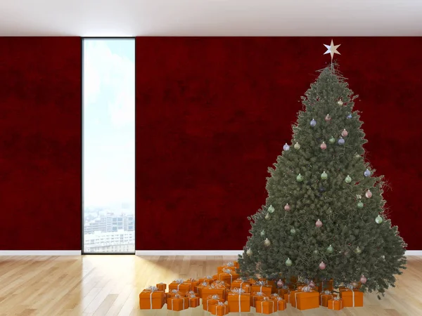 Nowoczesne Wnętrza Jasny Apartament Pokój Dzienny Christmas Tree Renderowania Ilustracja — Zdjęcie stockowe