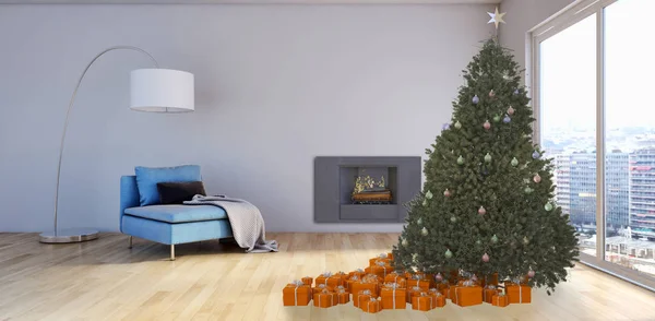 Nowoczesne Wnętrza Jasny Apartament Pokój Dzienny Christmas Tree Renderowania Ilustracja — Zdjęcie stockowe