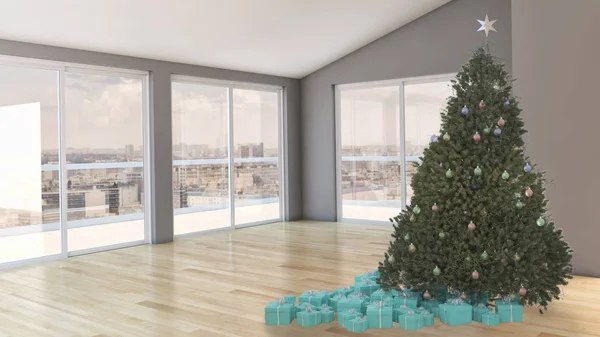 Moderna Ljusa Interiörer Lägenhet Vardagsrum Med Christmas Tree Rendering Illustration — Stockfoto