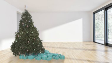 Modern parlak iç daire salon Noel ağacı 3d render çizim ile