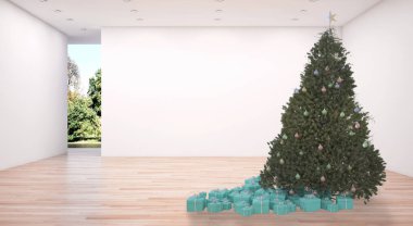 Modern parlak iç daire salon Noel ağacı 3d render çizim ile