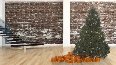 Modern parlak iç daire salon Noel ağacı 3d render çizim ile