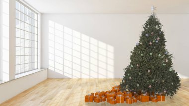 Modern parlak iç daire salon Noel ağacı 3d render çizim ile
