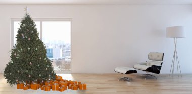Modern parlak iç daire salon Noel ağacı 3d render çizim ile