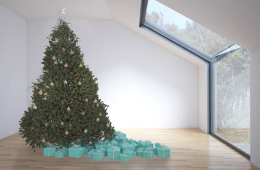 Modern parlak iç daire salon Noel ağacı 3d render çizim ile