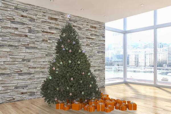 Modernos Interiores Luminosos Apartamento Sala Estar Com Árvore Natal Ilustração — Fotografia de Stock