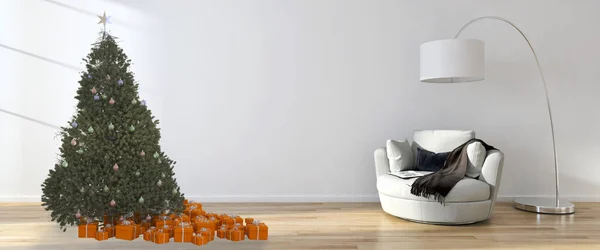 Nowoczesne Jasne Wnętrza Apartament Pokój Dzienny Christmas Tree Renderowania Ilustracja — Zdjęcie stockowe