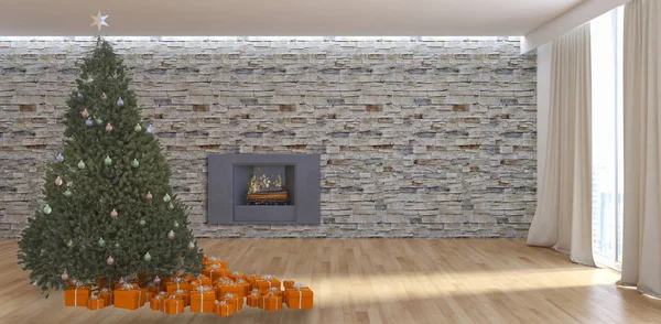 Moderne Helle Innenräume Wohnung Wohnzimmer Mit Weihnachtsbaum Rendering Illustration — Stockfoto