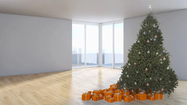 Moderna Ljusa Interiörer Lägenhet Vardagsrum Med Christmas Tree Rendering Illustration — Stockfoto