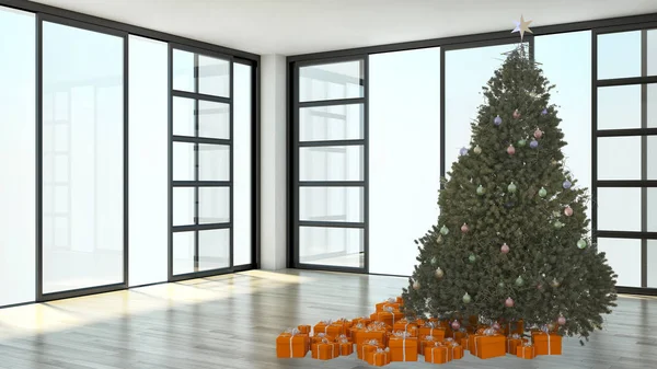 Moderní Světlé Interiéry Bytu Obývací Pokoj Vánoční Strom Vykreslování Obrázku — Stock fotografie