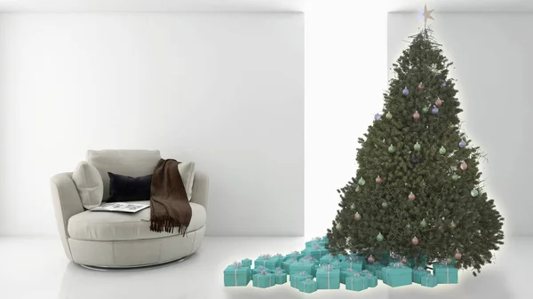 现代明亮内饰公寓客厅与圣诞树3D 渲染插图 — 图库照片