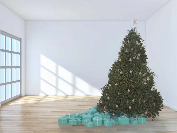 Moderna Ljusa Interiörer Lägenhet Vardagsrum Med Christmas Tree Rendering Illustration — Stockfoto