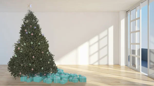 Nowoczesne Jasne Wnętrza Apartament Pokój Dzienny Christmas Tree Renderowania Ilustracja — Zdjęcie stockowe