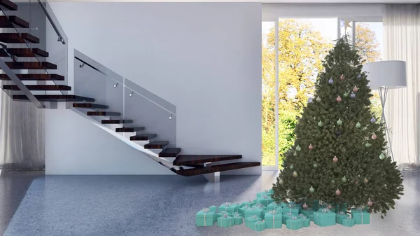 Σύγχρονη Φωτεινούς Εσωτερικούς Χώρους Καθιστικού Διαμερισμάτων Χριστουγεννιάτικο Δέντρο Rendering Εικονογράφηση — Φωτογραφία Αρχείου