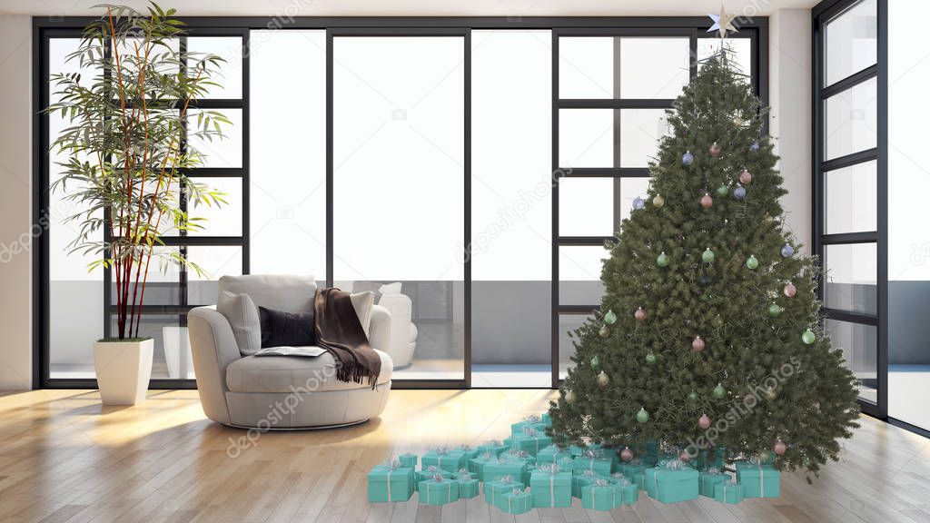 modern bright interiors apartment living room with Christmas tree 3D rendering illustration