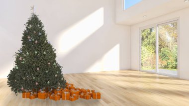Modern parlak iç daire salon Noel ağacı 3d render çizim ile