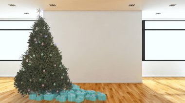 Modern parlak iç daire salon Noel ağacı 3d render çizim ile