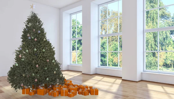 Nowoczesne Jasne Wnętrza Apartament Pokój Dzienny Christmas Tree Renderowania Ilustracja — Zdjęcie stockowe