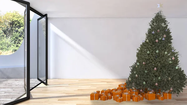 Nowoczesne Jasne Wnętrza Apartament Pokój Dzienny Christmas Tree Renderowania Ilustracja — Zdjęcie stockowe