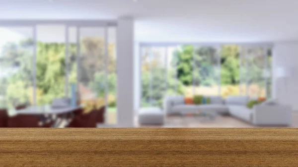 木の板を空テーブル トップとぼかしインテリアぼかしの背景を模擬製品の表示のために — ストック写真