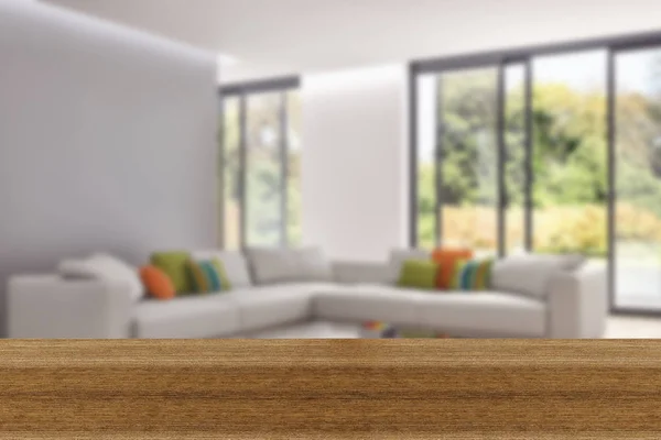 木の板を空テーブル トップとぼかしインテリアぼかしの背景を模擬製品の表示のために — ストック写真