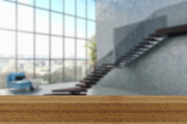 Holzbrett Leere Tischplatte Und Unscharfen Innenraum Über Unscharfen Hintergrund Mock — Stockfoto