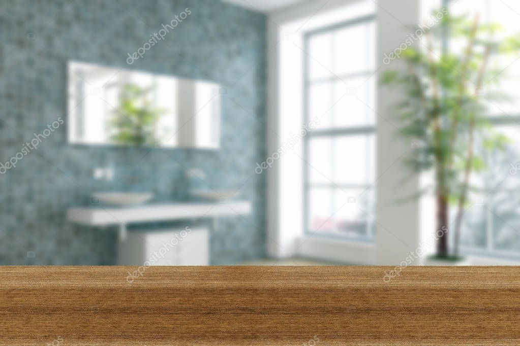Wooden board empty Table Top And Blur Interior over blur Background, Mock up for display of product