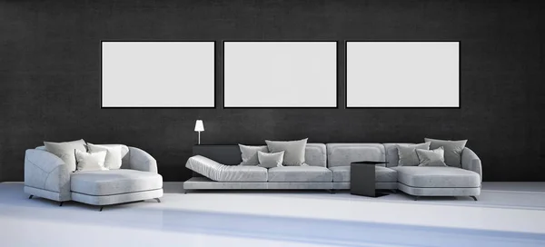 Moderno Appartamento Interno Luminoso Con Modello Poster Cornice Illustrazione Rendering — Foto Stock