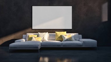 Sahte poster çerçeve resimde 3d render oluşturulan bilgisayar görüntü ile modern parlak iç daire