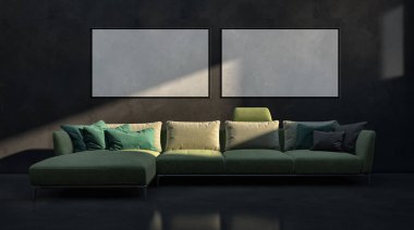 Sahte poster çerçeve resimde 3d render oluşturulan bilgisayar görüntü ile modern parlak iç daire