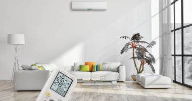 Klima ve uzaktan kumanda 3d render çizim ile modern iç daire