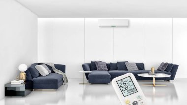 Klima ve uzaktan kumanda 3d render çizim ile modern iç daire